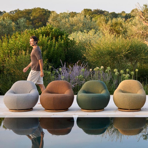 GEM Outdoor Swivel Lounge Chair with Teak Base and Textured Amber Earth Fabric