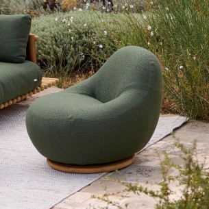 GEM Outdoor Swivel Lounge Chair with Teak Base and Textured Garrigue Green Fabric