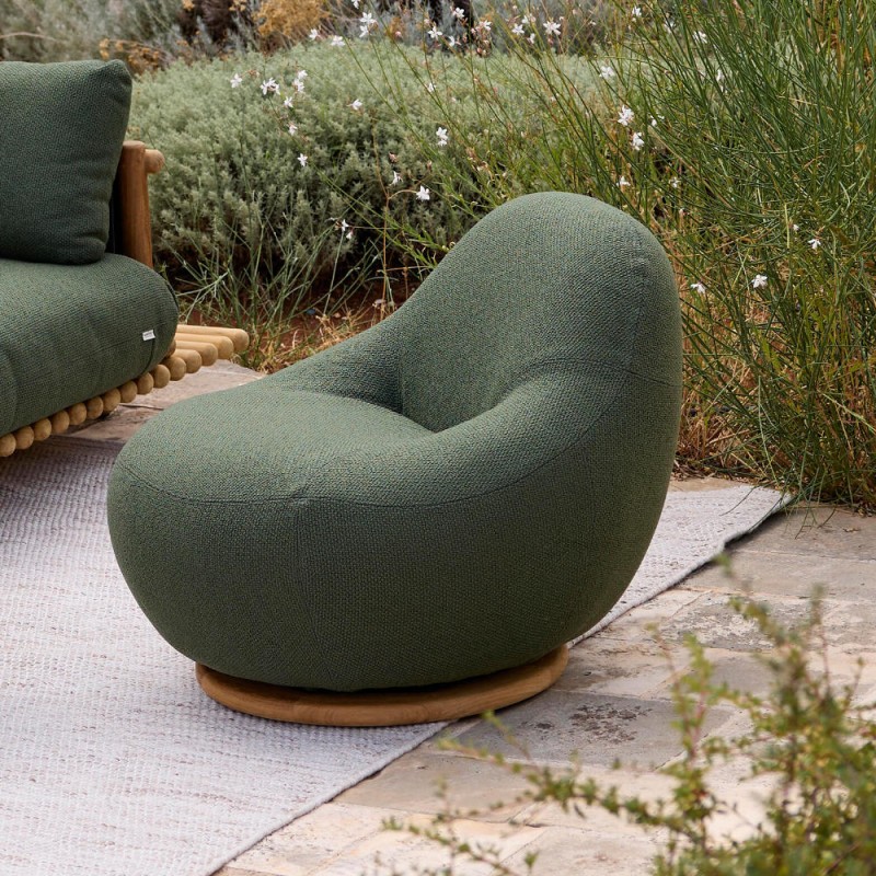 GEM Outdoor Swivel Lounge Chair with Teak Base and Textured Garrigue Green Fabric