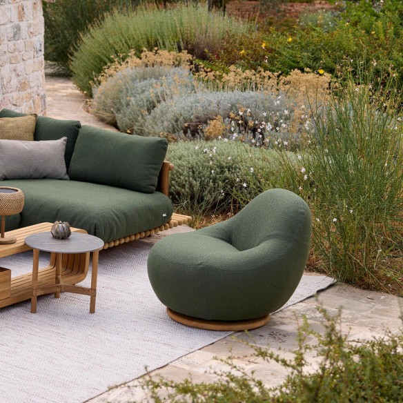 GEM Outdoor Swivel Lounge Chair with Teak Base and Textured Garrigue Green Fabric