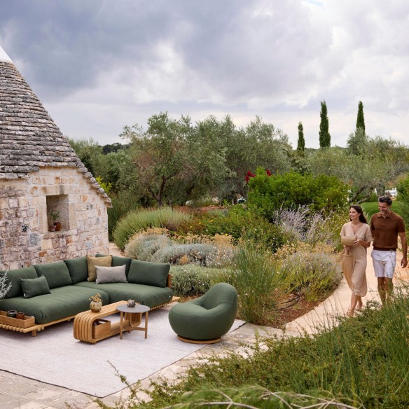 GEM Outdoor Swivel Lounge Chair with Teak Base and Textured Garrigue Green Fabric