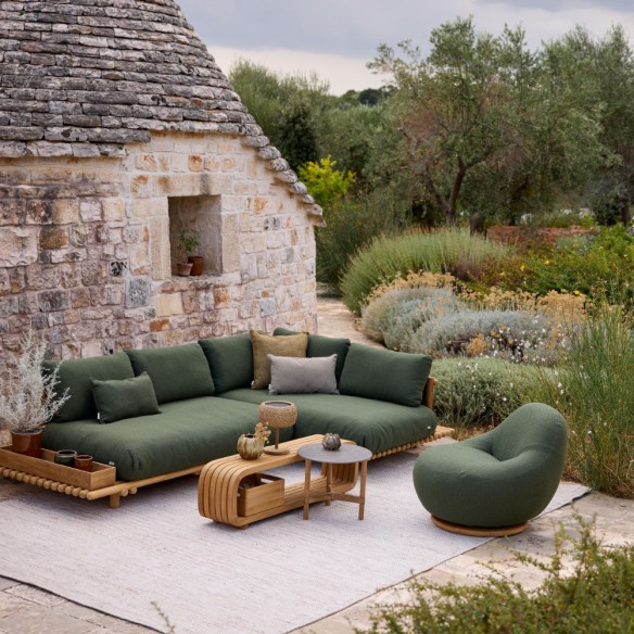 GEM Outdoor Swivel Lounge Chair with Teak Base and Textured Garrigue Green Fabric