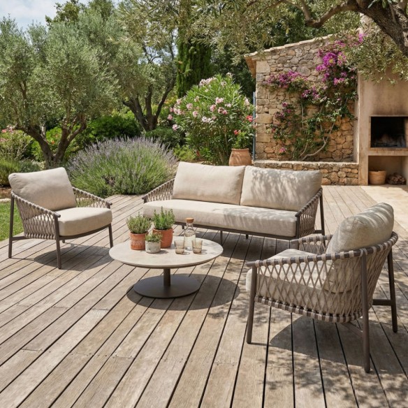 Salon de jardin ASTORIA 5 places cadre taupe aluminium avec table basse céramique