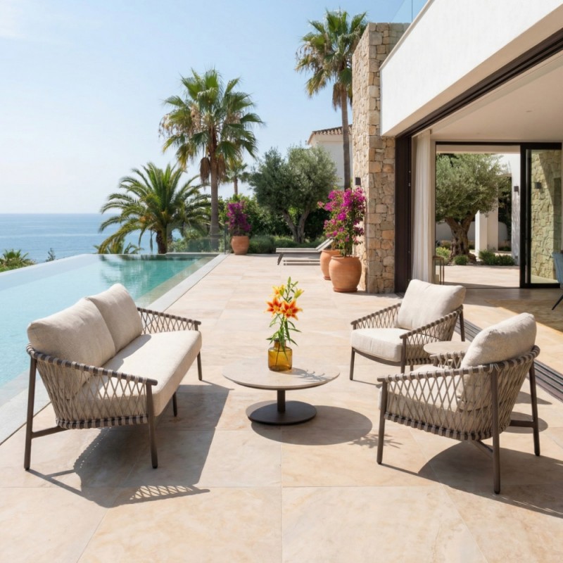 Salon de jardin ASTORIA 5 places cadre taupe aluminium avec table basse céramique