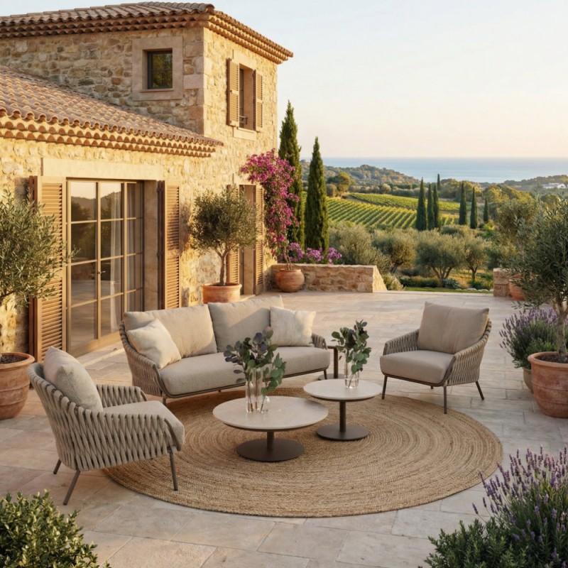 Salon de jardin MISTRAL 5 places cadre taupe aluminium avec duo de tables basses céramique