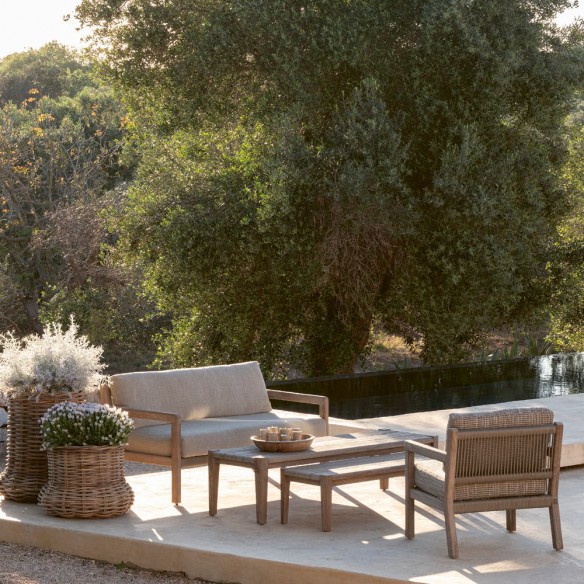 Duo de tables basses rectangulaires de jardin FELIX en teck recyclé gris naturel H35cm H42cm