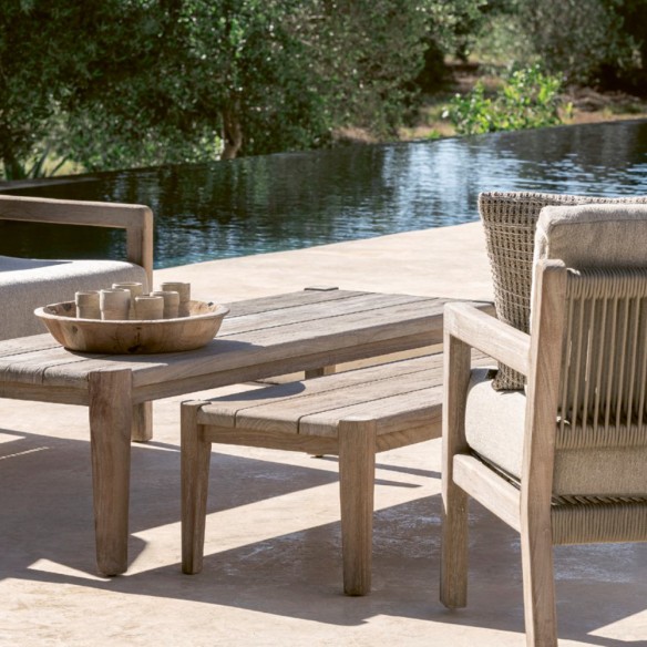 Duo de tables basses rectangulaires de jardin FELIX en teck recyclé gris naturel H35cm H42cm