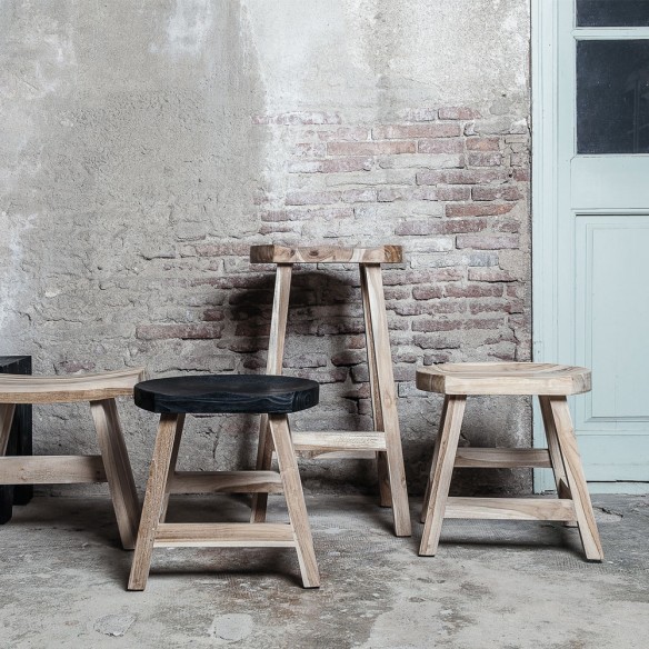 KING Stool in Reclaimed Teak Natural Base and Black Seat