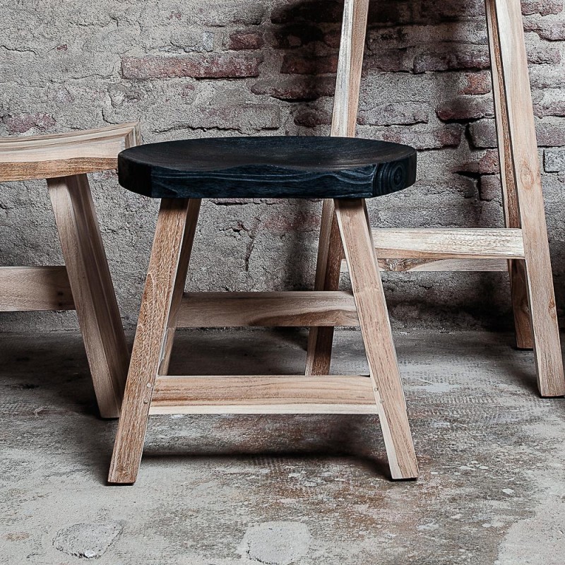 Tabouret KING en teck recyclé piétement naturel et assise noire