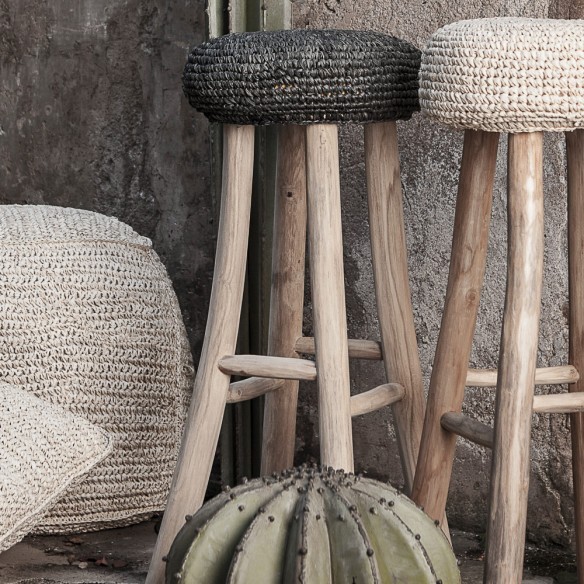 Tabouret de bar ALGA piétement teck recyclé et assise jonc de mer noir