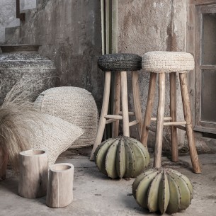 Tabouret de bar ALGA piétement teck recyclé et assise jonc de mer noir