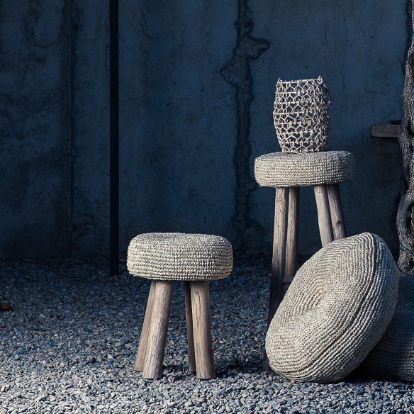 Tabouret de bar ALGA piétement teck recyclé et assise jonc de mer naturel