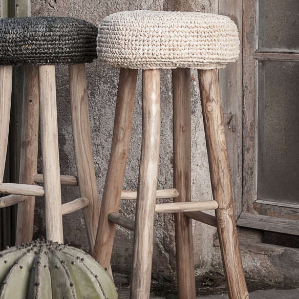 Tabouret de bar ALGA piétement teck recyclé et assise jonc de mer naturel