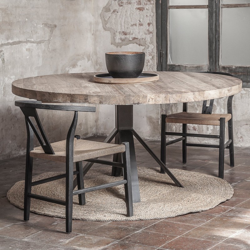 JATI Round Dining Table in Natural Reclaimed Teak with Black Base W130