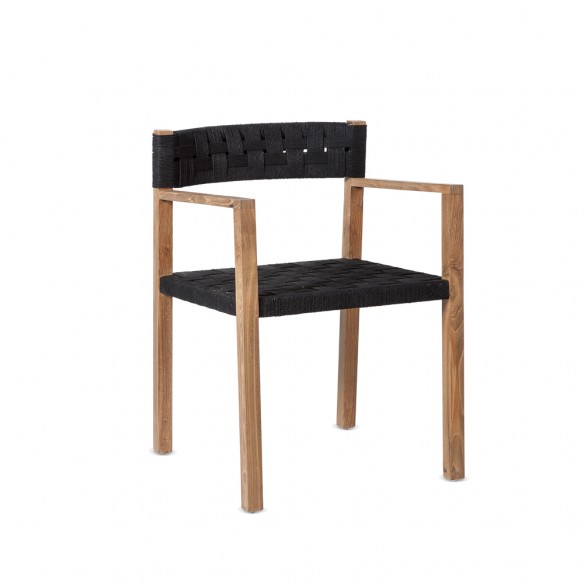 CORA Dining Chair in Reclaimed Teak with Armrests and Black Rope