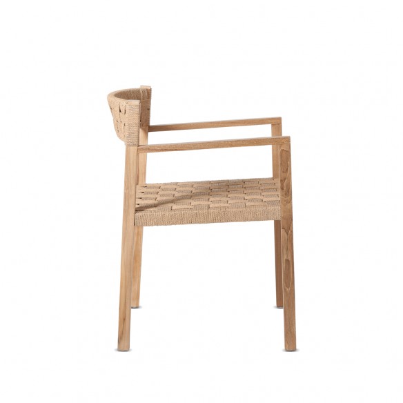 CORA Dining Chair in Reclaimed Teak with Armrests and Natural Rope