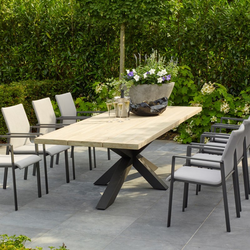Table de jardin TIMOR en teck gris et aluminium anthracite 8 places L280