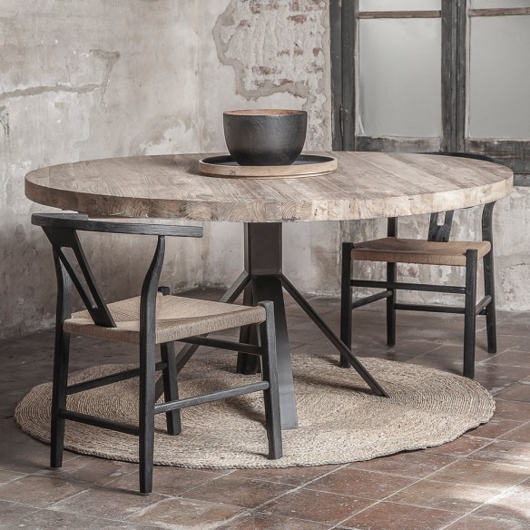 JATI Round Dining Table in Natural Reclaimed Teak with Black Base