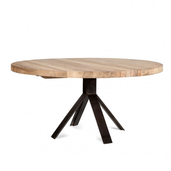 JATI Round Dining Table in Natural Reclaimed Teak with Black Base dareels