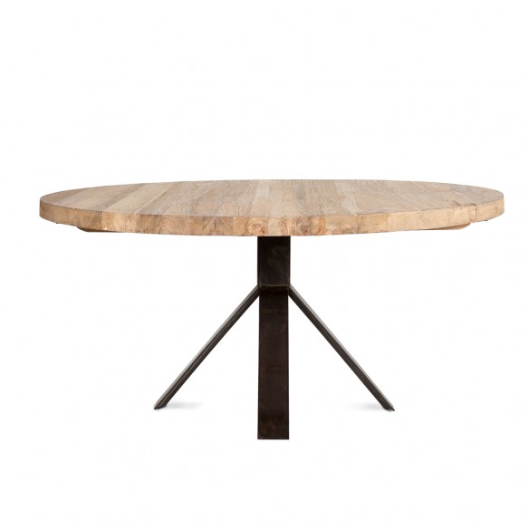 JATI Round Dining Table in Natural Reclaimed Teak with Black Base