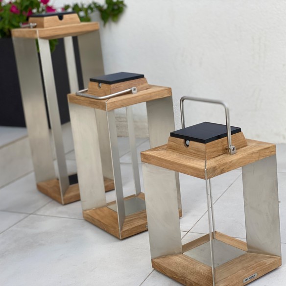 Trio de lanternes solaires TECK INOX H36cm H45cm H65cm Intensité réglable
