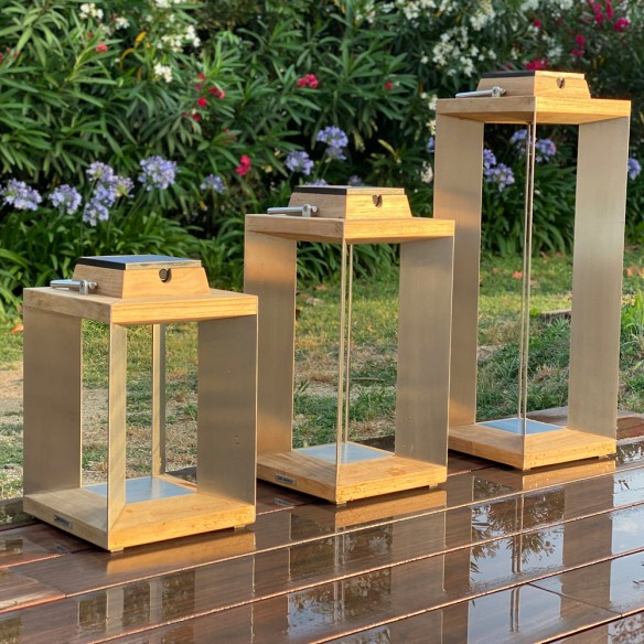 Trio de lanternes solaires TECK INOX H36cm H45cm H65cm Intensité réglable