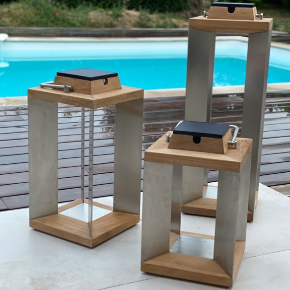 Trio de lanternes solaires TECK INOX H36cm H45cm H65cm Intensité réglable