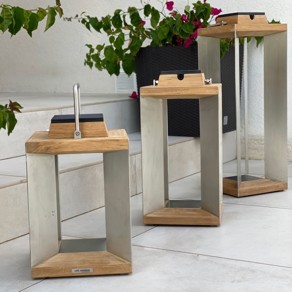 Trio de lanternes solaires TECK INOX H36cm H45cm H65cm Intensité réglable