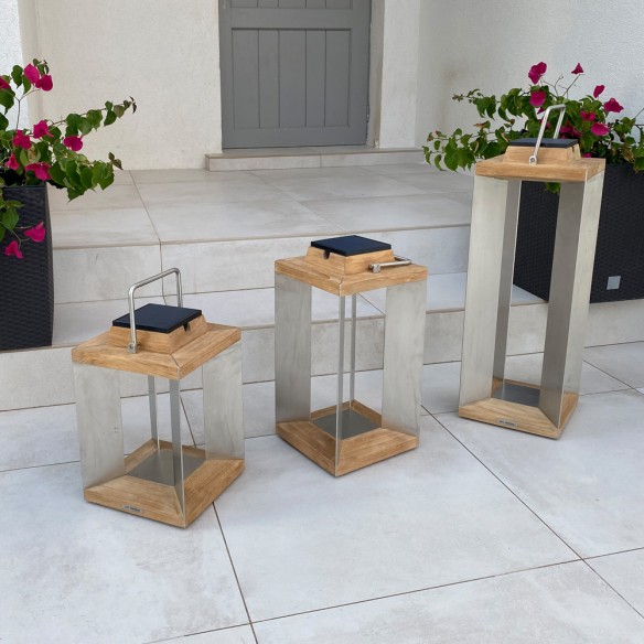 Trio de lanternes solaires TECK INOX H36cm H45cm H65cm Intensité réglable