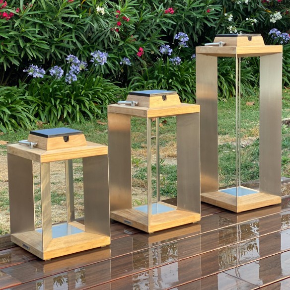 Trio de lanternes solaires TECK INOX H36cm H45cm H65cm Intensité réglable