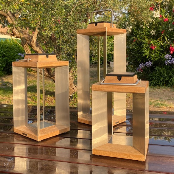 Trio de lanternes solaires TECK INOX H36cm H45cm H65cm Intensité réglable