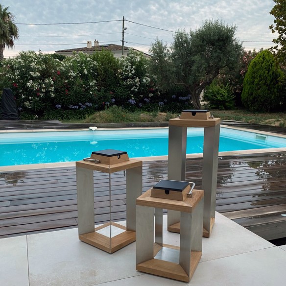 Trio de lanternes solaires TECK INOX H36cm H45cm H65cm Intensité réglable