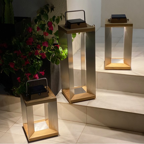 Trio de lanternes solaires TECK INOX H36cm H45cm H65cm Intensité réglable