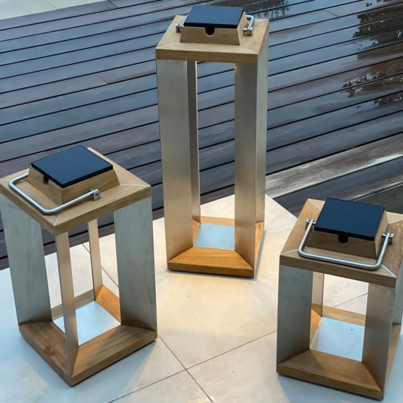 Trio de lanternes solaires TECK INOX H36cm H45cm H65cm Intensité réglable