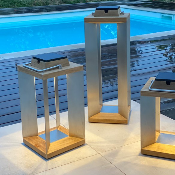 Trio de lanternes solaires TECK INOX H36cm H45cm H65cm Intensité réglable