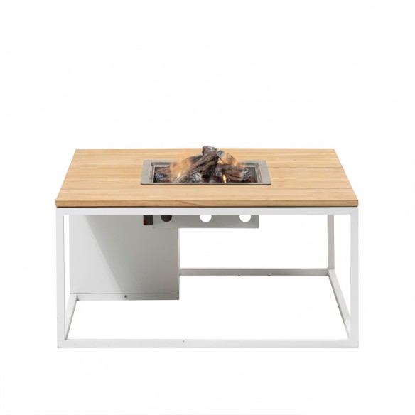 COSILOFT 100 Square Coffee Table with Central Fire Pit White Aluminum frame with Teak Top and Tempered Glass