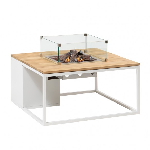 Table basse carrée avec feu central COSILOFT 100 en aluminium blanc avec plateau teck et verre trempé