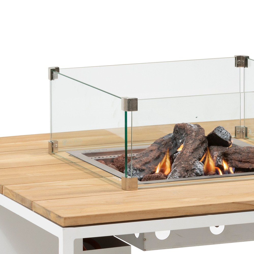 COSILOFT 100 Square Coffee Table Fire Pit White Alu frame Teak Top