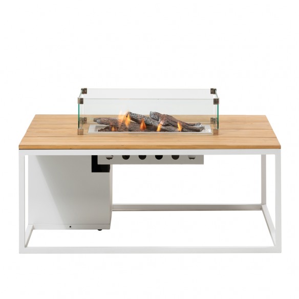Table basse rectangulaire avec feu central COSILOFT 120 en aluminium blanc avec plateau teck et verre trempé