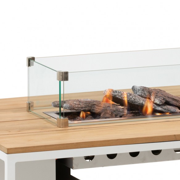COSILOFT 120 Rectangular Coffee Table with Central Fire Pit White Aluminum frame with Teak Top and Tempered Glass