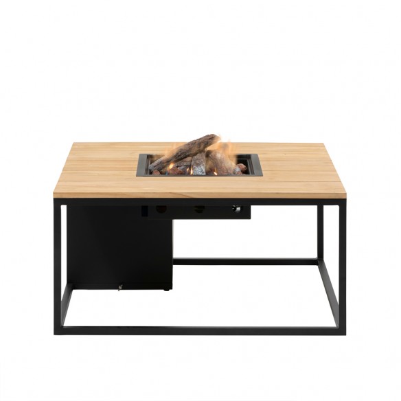 COSILOFT 100 Square Coffee Table with Central Fire Pit Black Aluminum frame with Teak Top and Tempered Glass