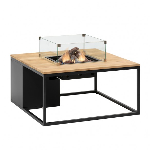 COSILOFT 100 Square Coffee Table with Central Fire Pit Black Aluminum frame with Teak Top and Tempered Glass