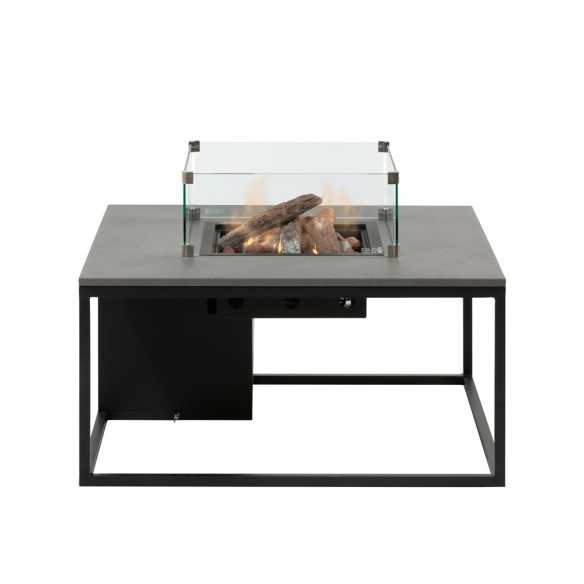 COSILOFT 100 Square Coffee Table with Central Fire Pit Black Aluminum frame with Grey Top and Tempered Glass