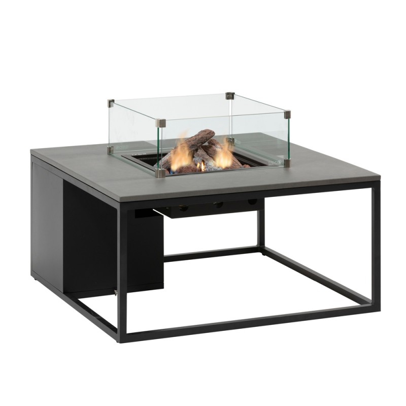 Table basse carrée avec feu central COSILOFT 100 en aluminium noir avec plateau gris et verre trempé