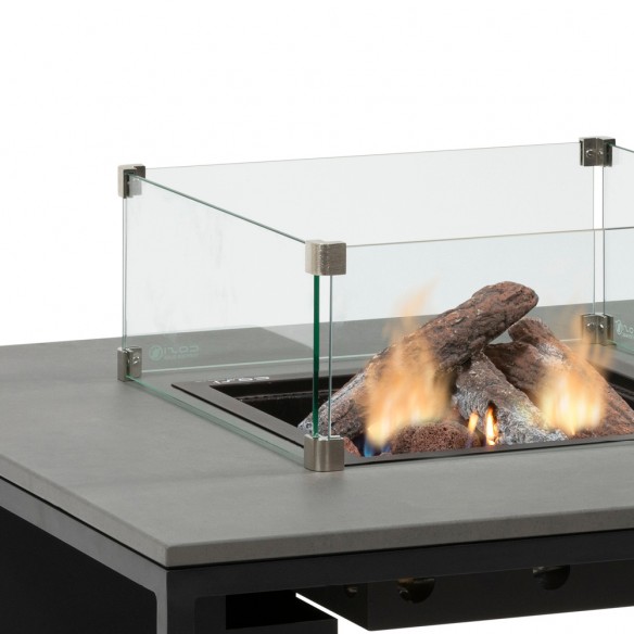 Table basse carrée avec feu central COSILOFT 100 en aluminium noir avec plateau gris et verre trempé