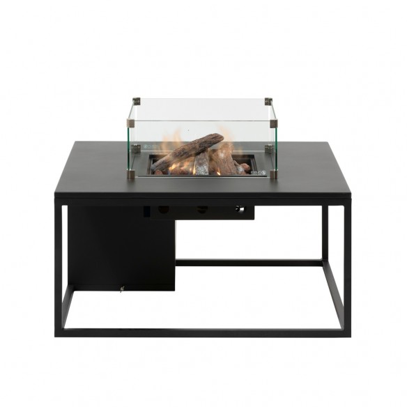 COSILOFT 100 Square Coffee Table with Central Fire Pit Black Aluminum frame with Black Top and Tempered Glass