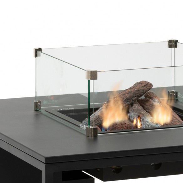 Table basse carrée avec feu central COSILOFT 100 en aluminium noir avec plateau noir et verre trempé