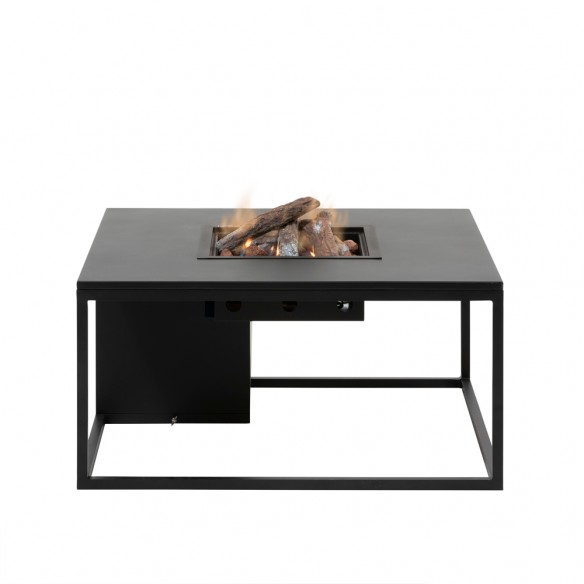Table basse carrée avec feu central COSILOFT 100 en aluminium noir avec plateau noir et verre trempé