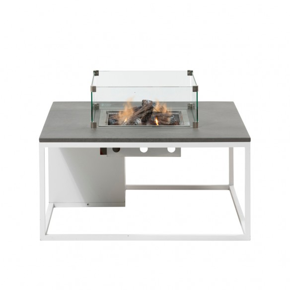 COSILOFT 100 Square Coffee Table with Central Fire Pit White Aluminum frame with Grey Top and Tempered Glass