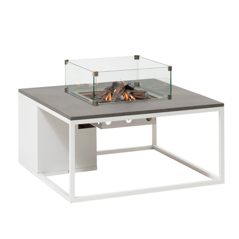 COSILOFT 100 Square Coffee Table with Central Fire Pit White Aluminum frame with Grey Top and Tempered Glass